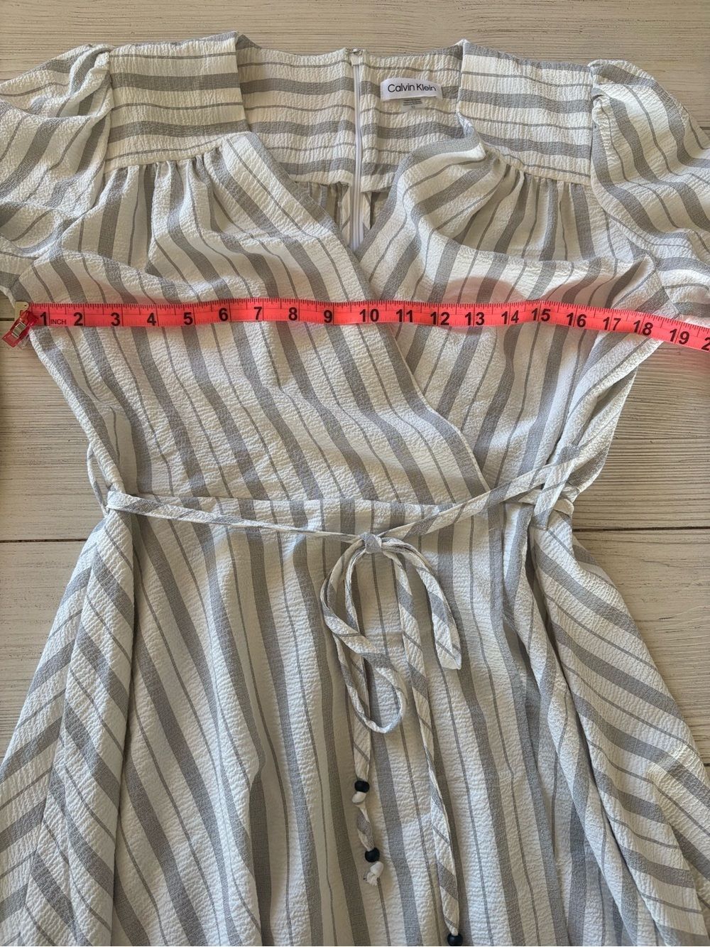 NWT Calvin Klein Gray White Striped Wrap Dress | Size 10 - Picture 9 of 12